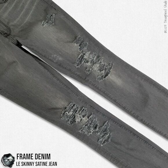 FRAME DENIM LE SKINNY SATINE DESTROYED JEANS IN GREY’S INN DARK GREY SIZE 27 - Picture 3 of 13